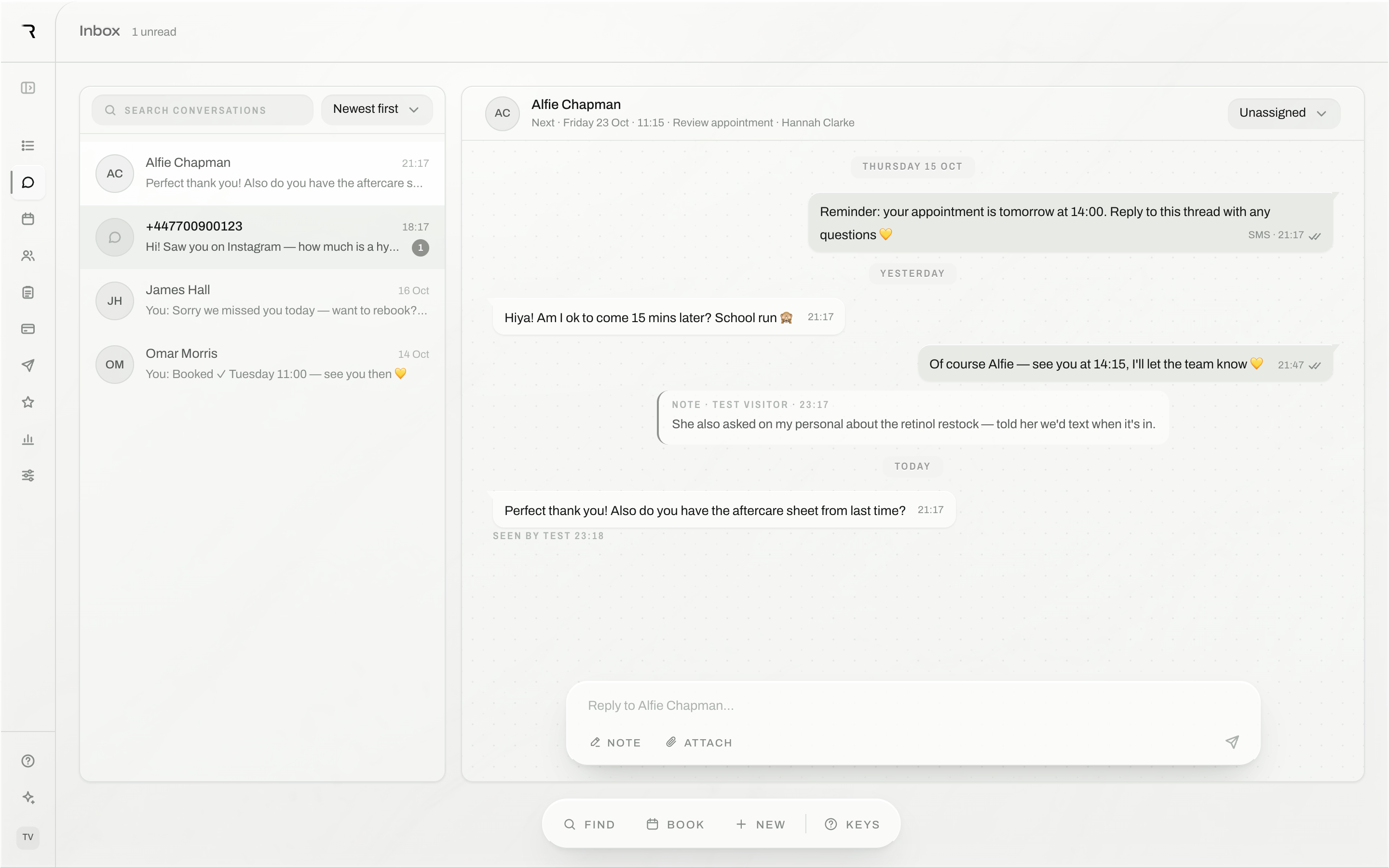 The WhatsApp inbox with a patient conversation open